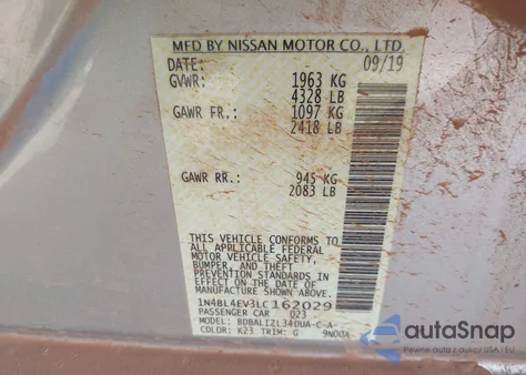 2020 Nissan Altima Sl Fwd из США, поврежденный, VIN 1N4BL4EV3LC162029